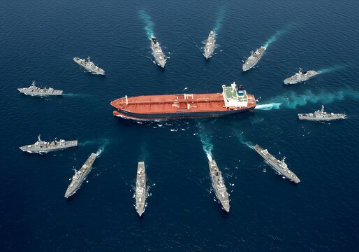 Fototapeta Aerial concept of an oil tanker surrounded by military ships in the Strait of Hormuz