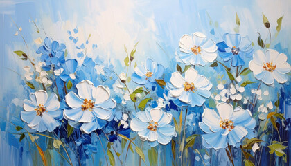 Rough palette knife oil painting of pastel blue flowers. Hand drawn art.