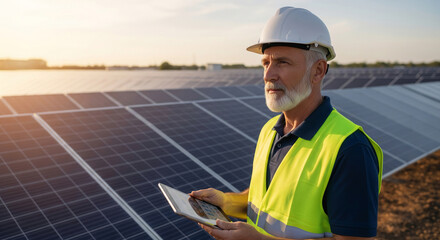 Senior man in safety vest and helmet uses tablet at solar farm, showcasing renewable energy and technological expertise in sustainable development