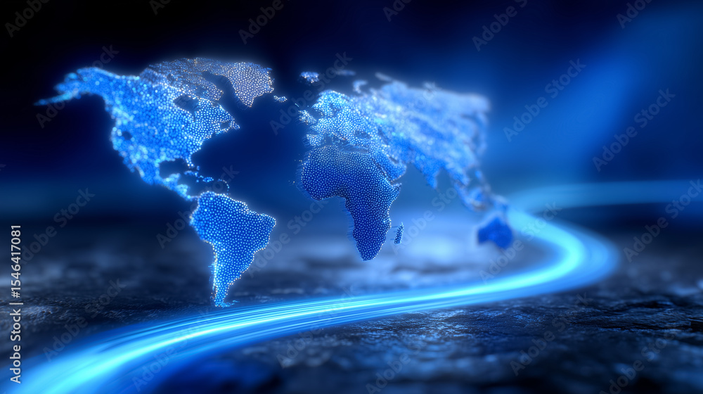 Poster world map illuminated in blue with glowing lines representing digital connectivity. embellished in a