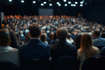 Rear view of large group of people attending a press conference in convention center. Focus is on foreground