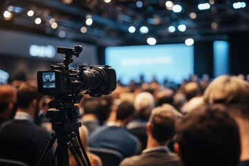 Rear view of large group of people attending a press conference in convention center. Focus is on foreground