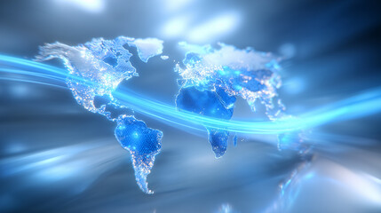 Colorful digital world map illuminated with glowing blue and white lights. Abstract representation of global connection, suitable for technology, travel, and telecommunications concepts