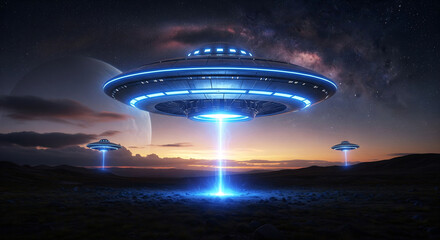 UFO Landing with Blue Beam in Alien Landscape Under Starry Night Sky