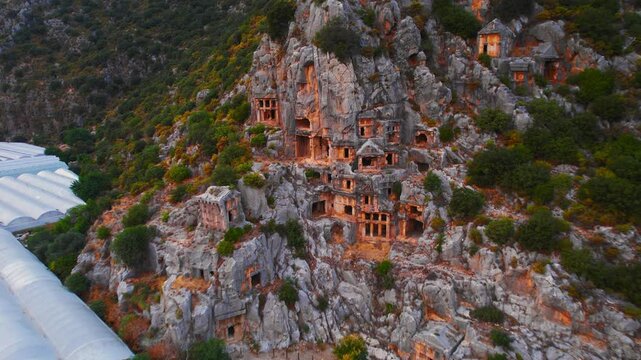 Ruins Myra Ancient City in Demre Antalya, Turkey Aerial Top view. Old Lycian amphitheater by drone.