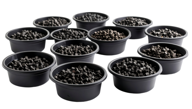 Various sizes of black pellets in black containers arranged in a neat pattern on a white background