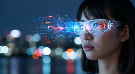 Woman wearing transparent smart glasses, displaying digital data streams, against a blurred city night background, showcasing technological advancement and future vision