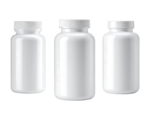 Three Plain White Bottles of Varying Sizes on a Transparent Background for Product Packaging Concepts