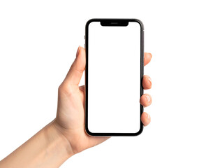 Person Holding Smartphone with Blank Screen Isolated on White Background for Template Design and Mockup