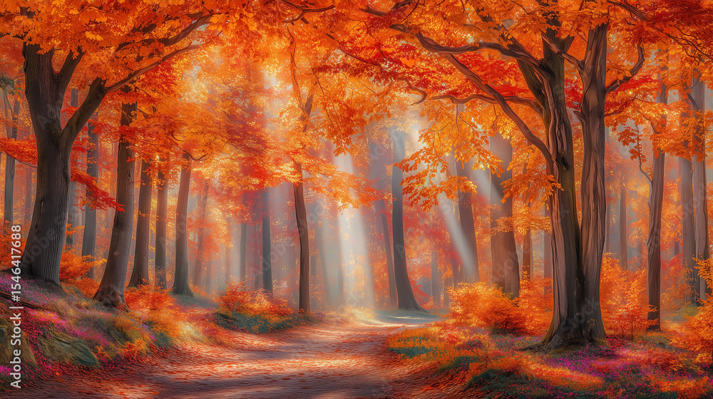 Poster sunlight filters through a breathtaking autumn forest filled with vibrant orange and red leaves. gen