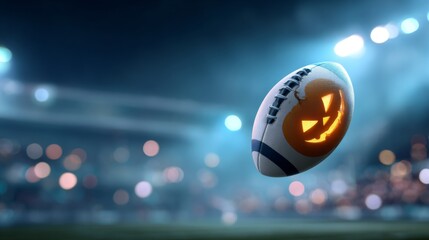 Halloween football with a glowing jack o' lantern design flying through a dark stadium. Holiday sport concept for autumn event. All Hallows Eve, Samhain