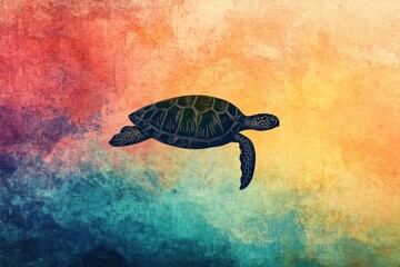 Obraz premium Silhouette sea turtle on colorful watercolor background