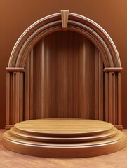 ultra quality picture of stage podium round wooden high detail 8k