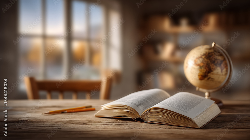 Aufkleber open book displays text on rustic wooden table in inviting study with soft warm light. globe adds ed