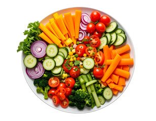Fresh Colorful Vegetable Platter with Cherry Tomatoes, Cucumber, Carrots, and Broccoli on White Background