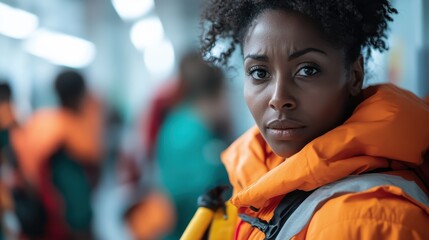 A focused individual wearing safety gear and an orange jacket, embodying determination and readiness in a professional environment, ready to tackle any challenges that arise.