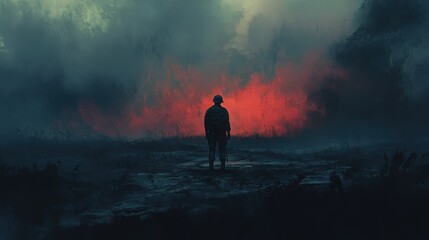 Fototapeta premium Soldier standing alone after the war in a battlefield, digital art style, illustration painting 