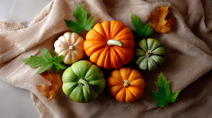 Fototapeta premium Arrangement of pumpkins in various colors surrounded by autumn leaves on soft burlap fabric. Bright decorative centerpiece for fall events. Concept of seasonal decor, harvest festivals, agriculture