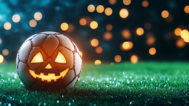 Soccer ball carved like a pumpkin with glowing jack-o'-lantern face on green grass at night, Halloween sports fun. All Hallows Eve, Samhain