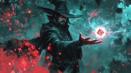 The angry sorcerer of evil spirits holds a magic gem cast a spell, digital art style, illustration painting 