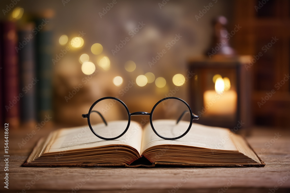 Poster reading glasses placed on open book with warm candle casting soft light. cozy setting with blurred b