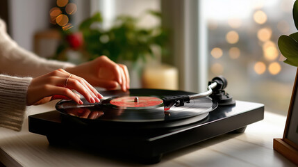 Fototapeta premium Woman places hand on vinyl record while enjoying music in cozy indoor setting. Warm, inviting atmosphere with soft lighting and blurred background. Concept of music, home entertainment, relaxation