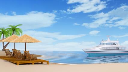 Wooden umbrellas with thatched roof, sun loungers, wooden decking and palm trees on a sandy beach by the sea with a white modern yacht sailing on it. 3d illustration against blue sky with clouds