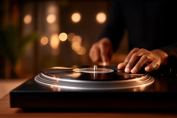 Obraz premium Hands gently place needle on vinyl record in inviting setting. Warm ambient lights create relaxed atmosphere. Concept of music, entertainment, home decor