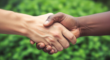 Interracial Handshake Against a Green Backdrop Symbolizing Unity and Collaboration