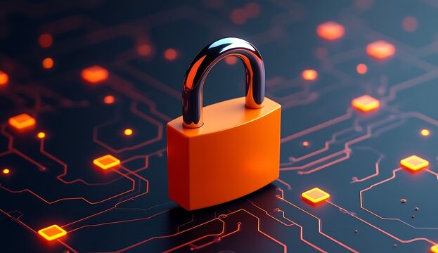 Digital security concept orange padlock on circuit board