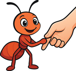 A detailed vector illustration of a charming, anthropomorphic ant character with a friendly expression, shaking the index finger of a human hand. The style is modern and colorful, with smooth gradient