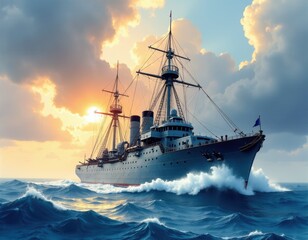 Historic Warship Sailing at Sunset, Dramatic Ocean Scene