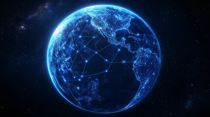 Obraz premium Blue Glowing Earth with Interconnected Network of Lights Symbolizing Global Communication