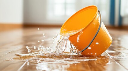 An overturned yellow bucket spills water across a polished wooden floor, highlighting the chaos and unexpected moments that can occur in daily life and household chores.