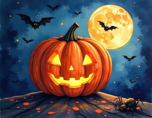 Spooky Halloween Jack-o'-lantern Under the Full Moon with Bats and Spider