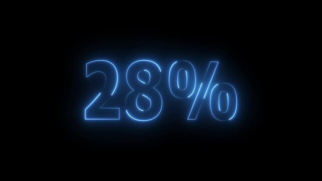 Neon glowing 28 percent icon animation. on black background. Abstract 28% percent text neon animation. and creating a stunning 4k video.