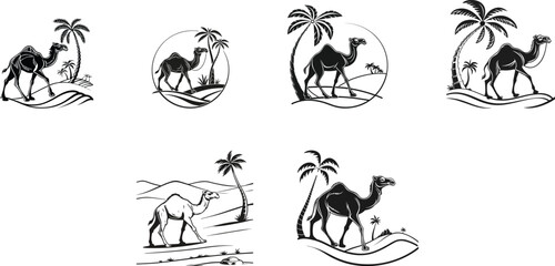 camel in desert with palm tree set silhouette vector illustration