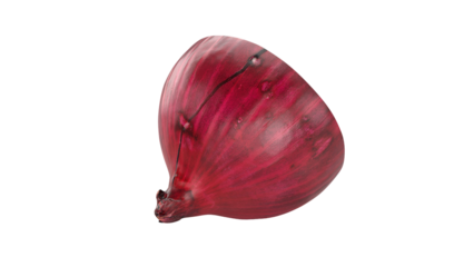 A single red onion displayed on a transparent background, showcasing its smooth, vibrant skin and bulbous shape.