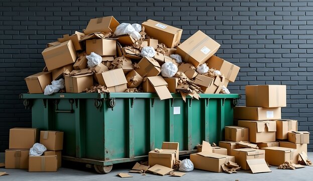 Pile of cardboard boxes in a green dumpster