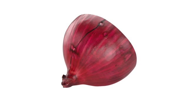 A single red onion displayed on a transparent background, showcasing its smooth, vibrant skin and bulbous shape.