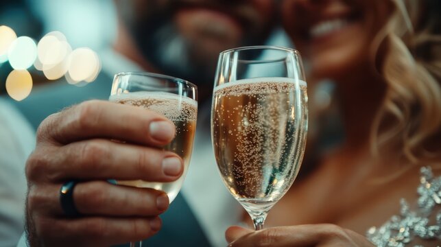 Glasses filled with sparkling champagne clink together in a toast, capturing the joy and celebration of special moments shared among friends or loved ones.