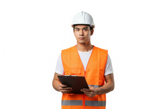 A focused construction worker holds a clipboard, wearing a hardhat and safety vest in studio setting