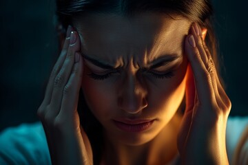 Fototapeta premium In an intense moment, a woman expresses discomfort by holding her temples tightly. Dramatic lighting emphasizes her facial features, revealing deep emotional pain and vulnerability