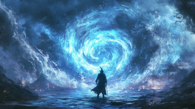 wizard conjure up a huge water vortex in the background., digital art style, illustration painting 