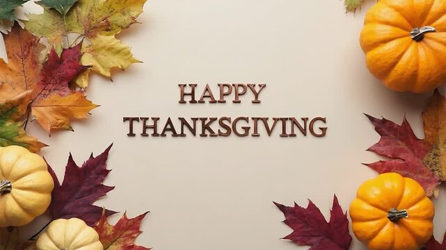 Fall scene with pumpkins and leaves with the words Happy Thanksgiving written in the center. Concept of warmth and gratitude for the season and the harvest