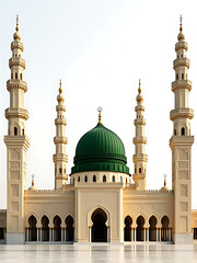 Grand Mosque Exterior with Green Dome, Four Minarets, and Intricate Architectural Details