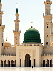 Grand Mosque Exterior: Person Silhouetted at Entrance, Green Dome, Minarets