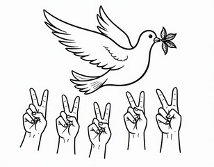 Peace Dove with Peace Sign Hands - Line Art Illustration