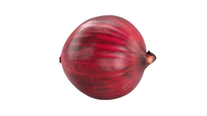 A single red onion with a smooth, shiny surface, showcasing its vibrant color and round shape.