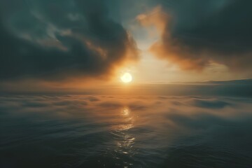 Fototapeta premium sunset over the sea, Sunset sky with red light of the setting sun. Evening clouds in the orange light of sunset rays, Serene twilight over calm waters reflecting soft hues of dusk at the seaside